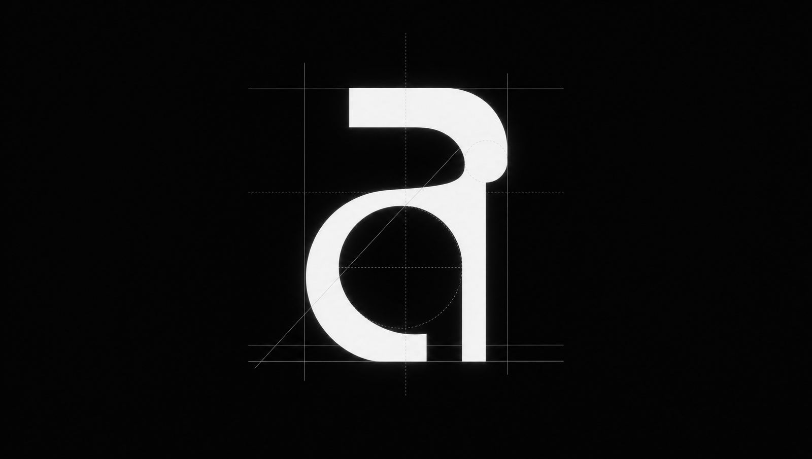 A large letterform crossed by thin measurement guides